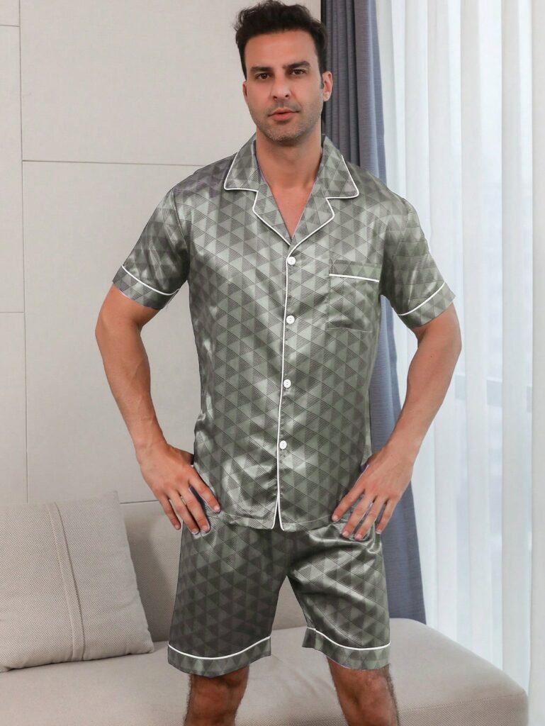 Men's Satin Silk Geometric Print Short Sleeve Top And Shorts Pajama Set