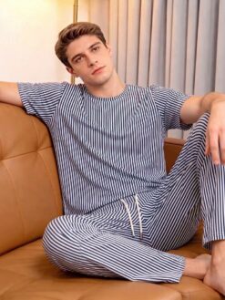Men's Summer Striped Crew Neck Casual T-Shirt And Casual Long Pants Loungewear Set