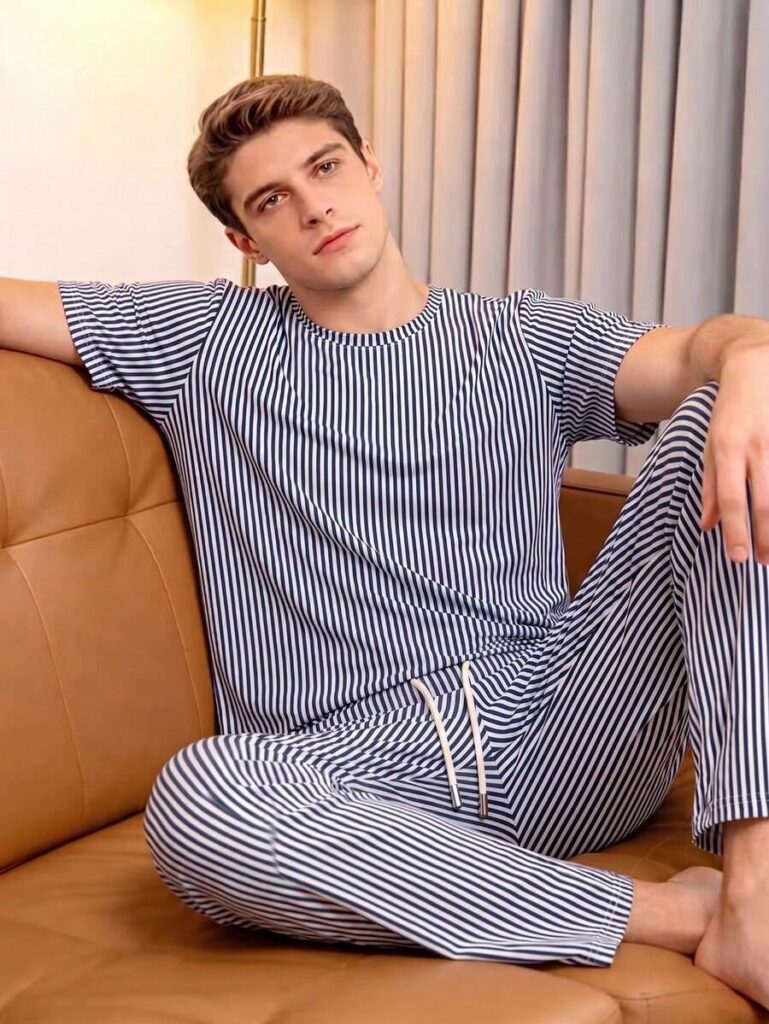 Men's Summer Striped Crew Neck Casual T-Shirt And Casual Long Pants Loungewear Set