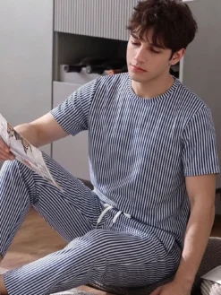 Men's Summer Striped Crew Neck Casual T-Shirt And Casual Long Pants Loungewear Set