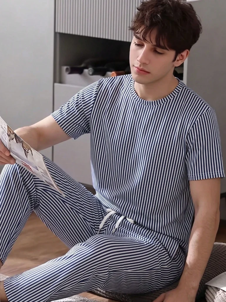 Men's Summer Striped Crew Neck Casual T-Shirt And Casual Long Pants Loungewear Set