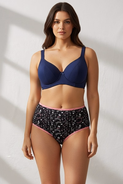 Non-Padded Full Coverage Bra High Waist Printed Hipster Panty in Navy Colour- Cotton