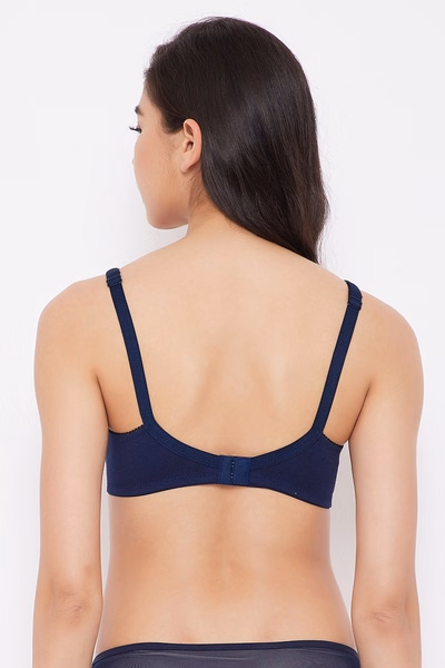 Non-Padded Full Coverage Bra High Waist Printed Hipster Panty in Navy Colour- Cotton