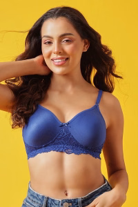 Non-Padded Spacer Cup T-shirt Bra & Mid Waist Printed Hipster Panty in Royal Blue - Cotton