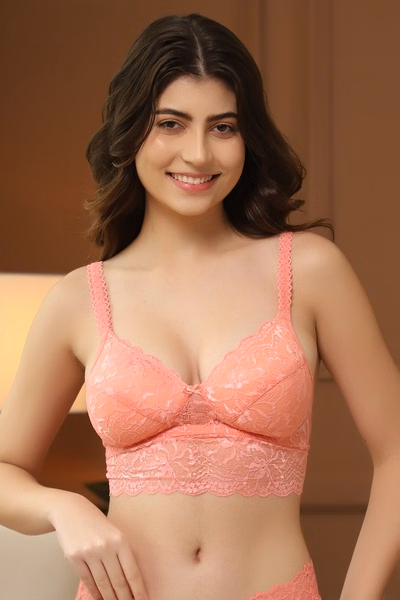 Padded Non-Wired Full Coverage Longline Bralette in Peach Colour - Lace