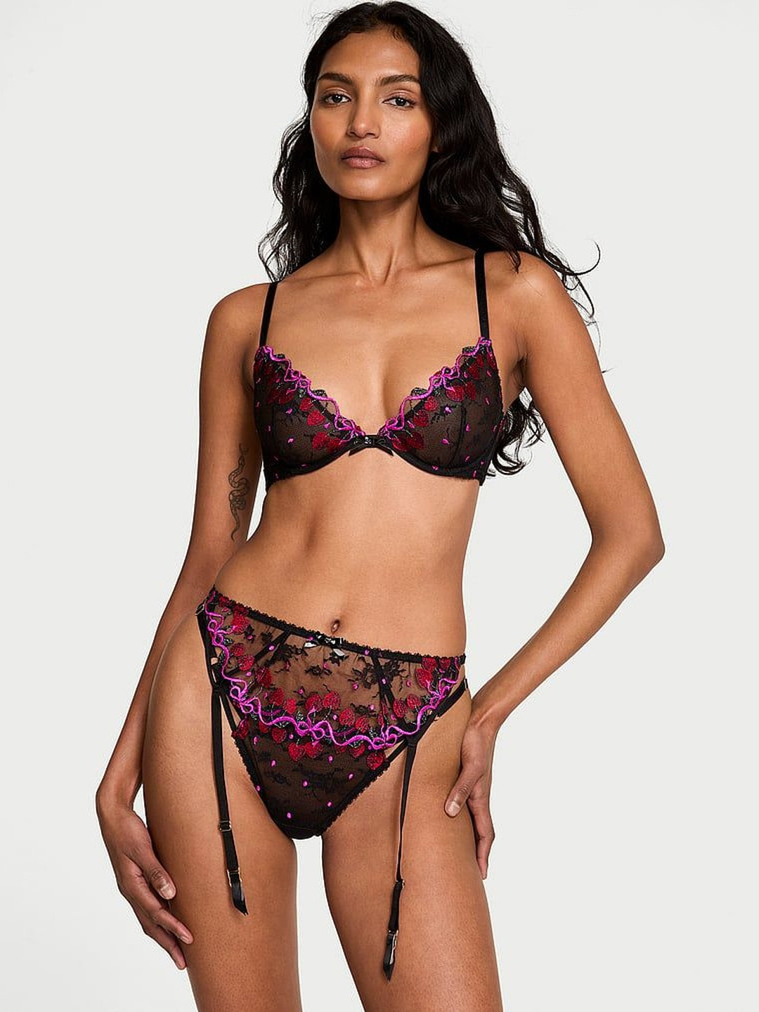 Red Self-Design Lace Strappy Garter Belt Briefs