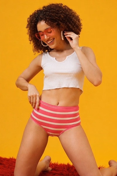 Retro Striped High Waist Hipster in Bubblegum Colour - Cotton