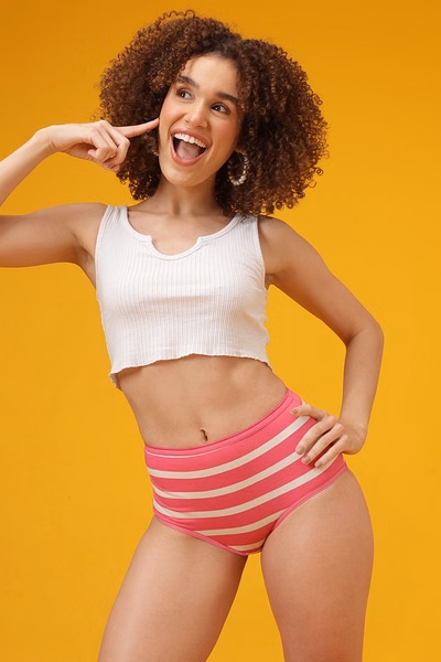 Retro Striped High Waist Hipster in Bubblegum Colour - Cotton