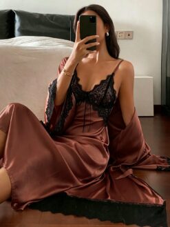 Women's Charming Contrast Color Lace Patchwork Long Robe Nightdress