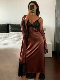 Women's Charming Contrast Color Lace Patchwork Long Robe Nightdress