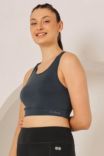 Medium Impact Padded Sports Bra with Removable Cups in Dark Grey