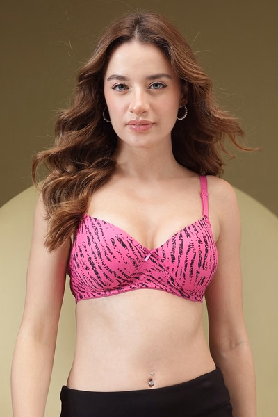 Padded Non-Wired Full Coverage Animal Print T-shirt Bra in Dark Pink