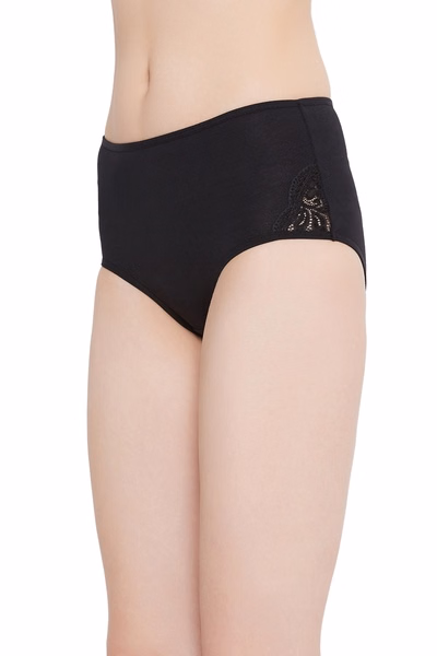 High Waist Hipster Panty with Lace Panels in Black- Cotton