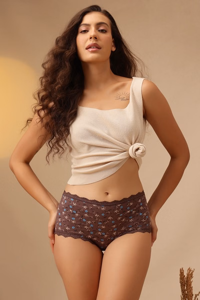 High Waist Printed Hipster Panty in Dark Brown