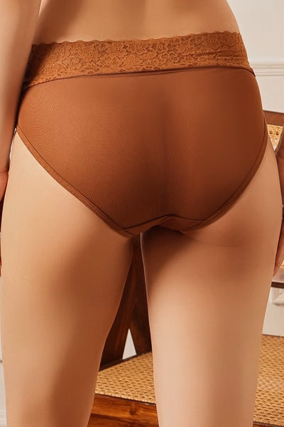 Mid Waist Hipster Panty in Brown - Lace