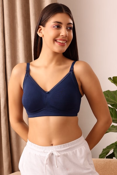 Non-Padded Non-Wired Full Cup Feeding Bra in Navy - Cotton