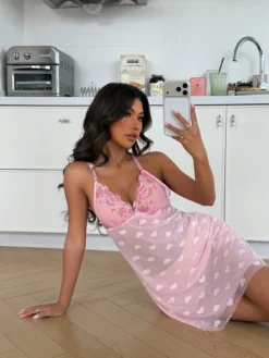 Pink Heart Mesh Floral Embroidery Camisole Nightgown