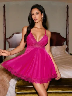 Sexy Lace Backless Women's Loungewear Faux Ice Silk Nighty