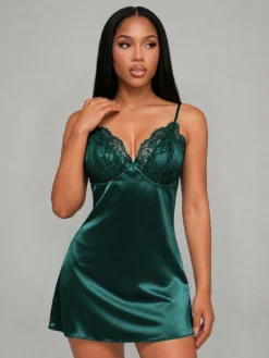 Silforma Lace Patchwork Backless Sexy Faux Silk Women Nighty