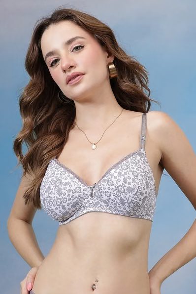 Floral Print Padded Non-wired Multiway T-shirt Bra in Charcoal Grey