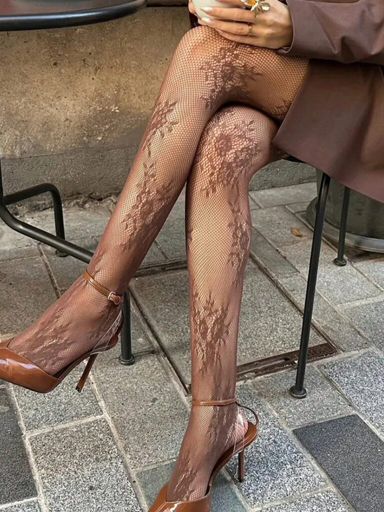 Brown Lace Floral Pattern Fishnet Sheer Leg Stocking