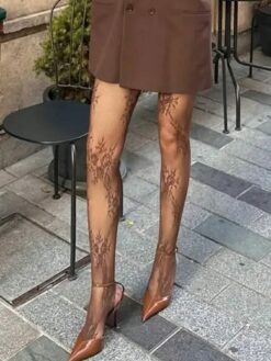 Brown Lace Floral Pattern Fishnet Sheer Leg Stocking