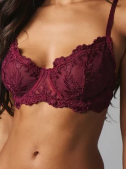 Burgundy Lace Balconette Bra With Floral Embroidery