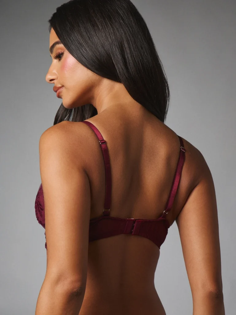 Burgundy Lace Balconette Bra With Floral Embroidery
