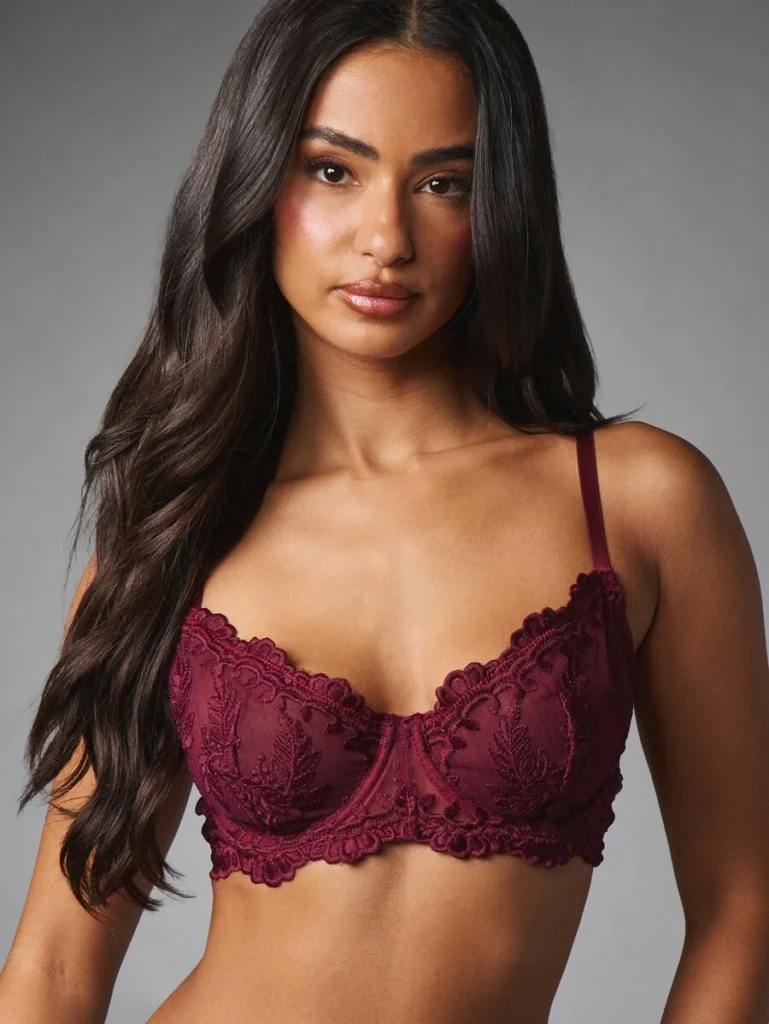 Burgundy Lace Balconette Bra With Floral Embroidery