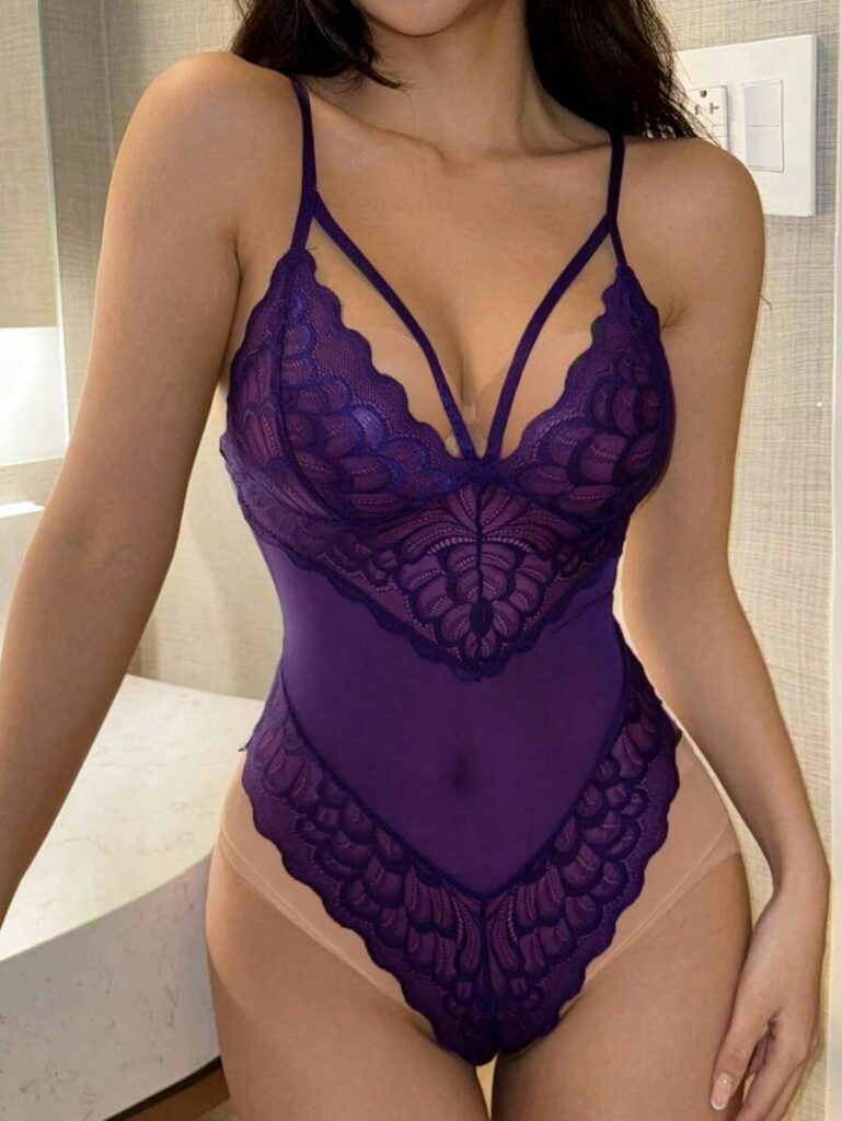 DAZY Lace Hollow-Out Backless Deep V-Neck Bodystocking