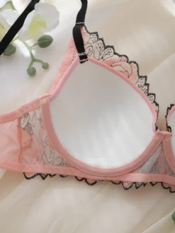 DelicateAllure Pink Underwire Molded Cup Comfy Balconette Embroidery Bra