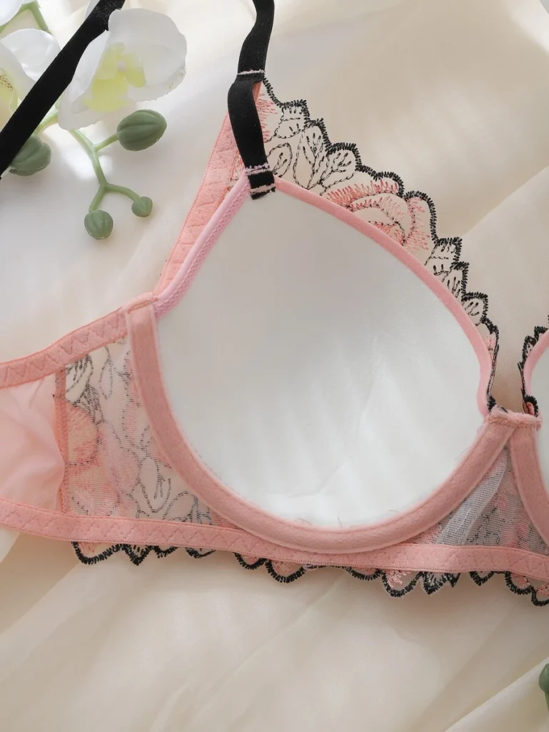 DelicateAllure Pink Underwire Molded Cup Comfy Balconette Embroidery Bra