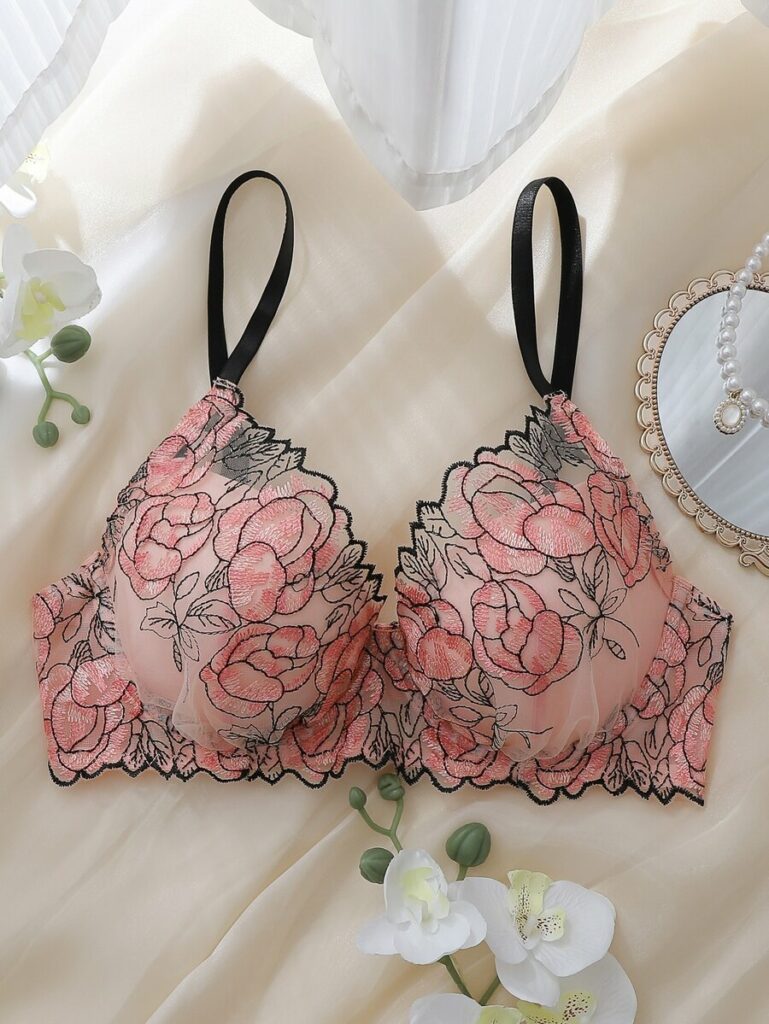 DelicateAllure Pink Underwire Molded Cup Comfy Balconette Embroidery Bra