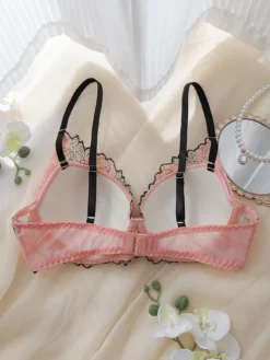 DelicateAllure Pink Underwire Molded Cup Comfy Balconette Embroidery Bra