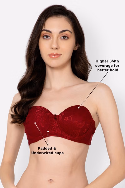 Full Coverage Strapless Bra in Maroon with Transparent Straps