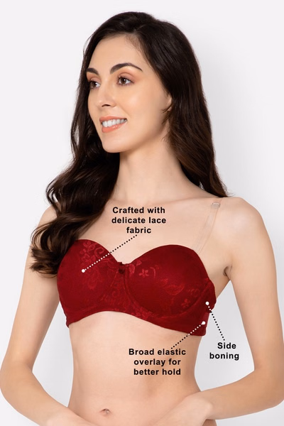 Full Coverage Strapless Bra in Maroon with Transparent Straps