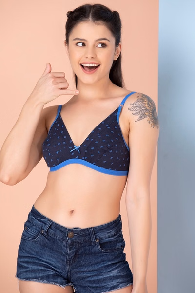 Non-Padded Non-Wired Paisley Print Demi Cup Plunge Bra in Navy - Cotton