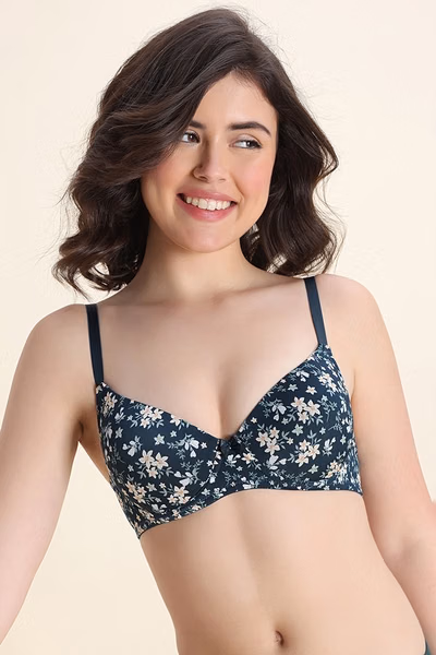 Padded Wired Floral Print T-shirt Bra in Dark Green