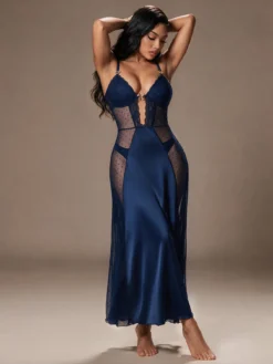 Sexy Spaghetti Strap Heart Rhinestone Buckle Lace Trim Long Nighty