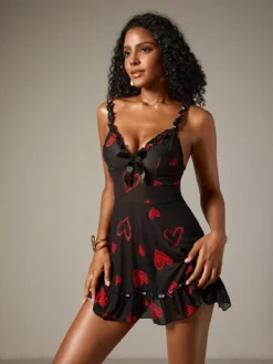 Sexy Women Heart Print Net Nighty